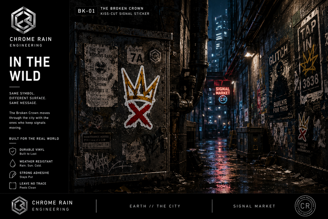 The Broken Crown sticker in a Chrome Rain alley environment