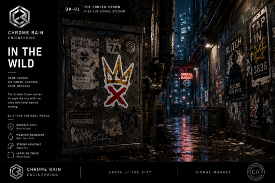 The Broken Crown sticker in a Chrome Rain alley environment