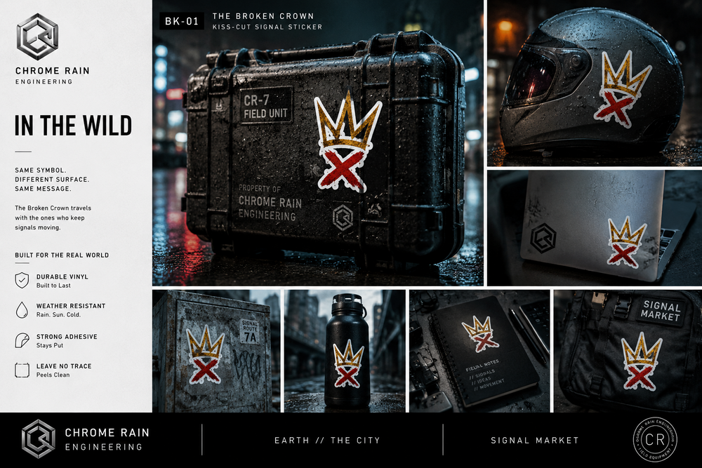 The Broken Crown sticker shown on field equipment and everyday surfaces